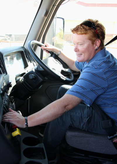 Student in a commercial truck learning to drive